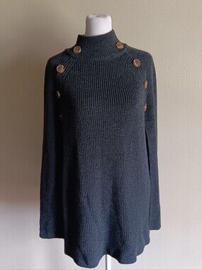 Linda Anderson Charcoal Gray Knit Poncho Wrap  Sweater W/ Split Sides, One Size